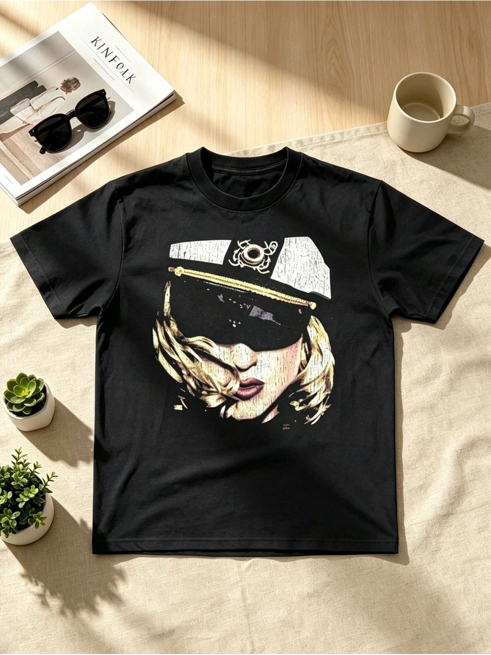 Black Graphic Short Sleeve Tee with Blonde Portrait Print